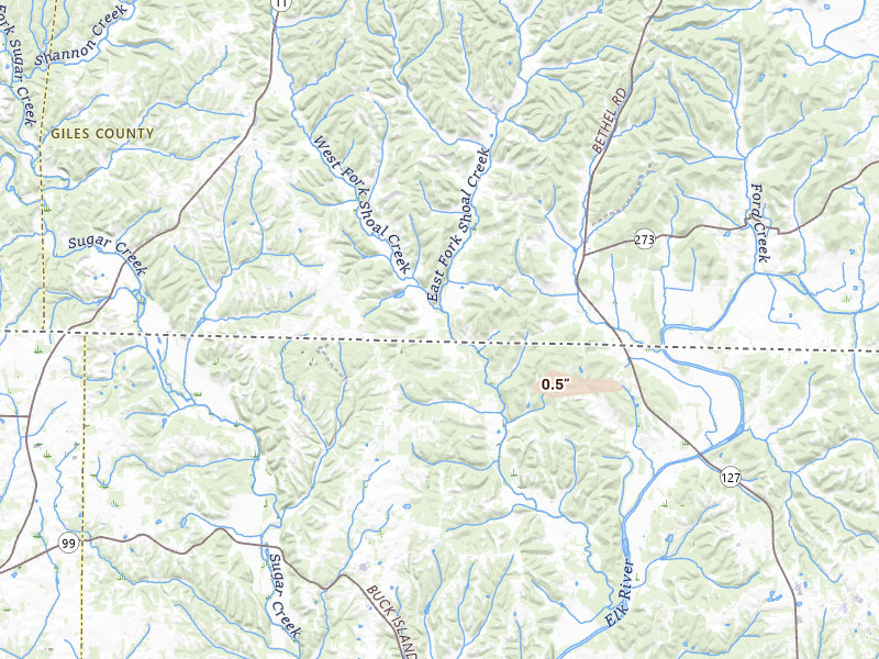 Radar-estimated hail-size map of the storm over Minor Hill, TN on Aug 17, 2026