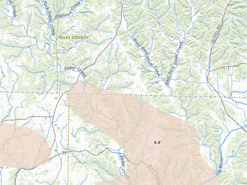 Radar-estimated hail-size map of the storm over Minor Hill, TN on Aug 20, 2026