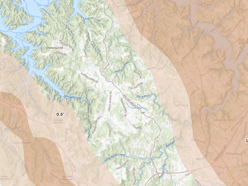 Radar-estimated hail-size map of the storm over Monroe, TN on Aug 22, 2026