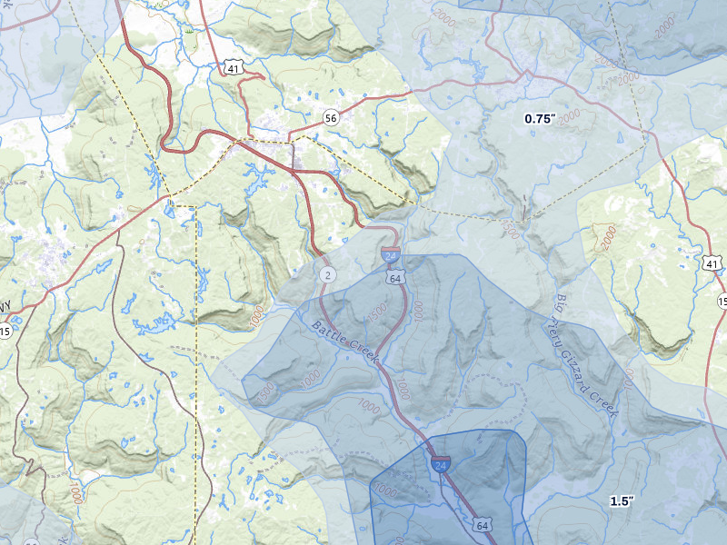 NEXRAD radar-signature map of the hail storm over Monteagle, TN on Jul 3, 2026
