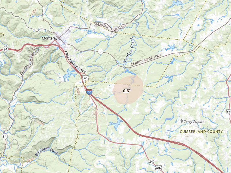 Radar-estimated hail-size map of the storm over Monterey, TN on Jun 27, 2026