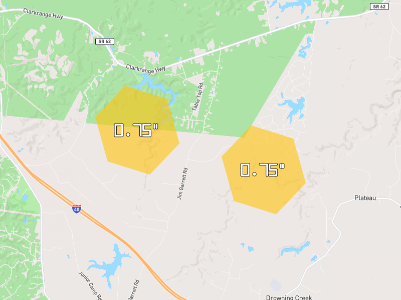 Hail map of Monterey, TN on Jun 28, 2026, hail up to 0.75"