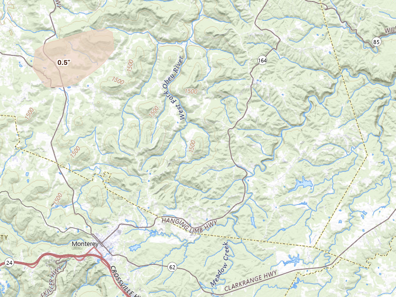 Radar-estimated hail-size map of the storm over Monterey, TN on Jul 11, 2026