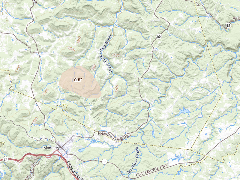 Radar-estimated hail-size map of the storm over Monterey, TN on Jul 19, 2026