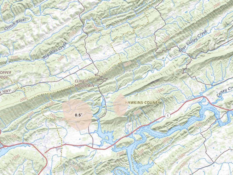 Radar-estimated hail-size map of the storm over Mooresburg, TN on Jul 28, 2026
