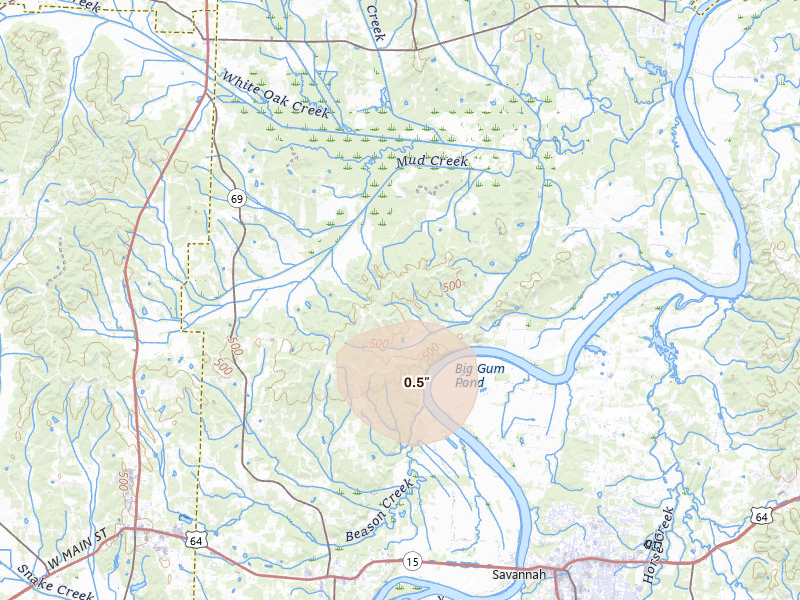 Radar-estimated hail-size map of the storm over Morris Chapel, TN on Jul 7, 2026
