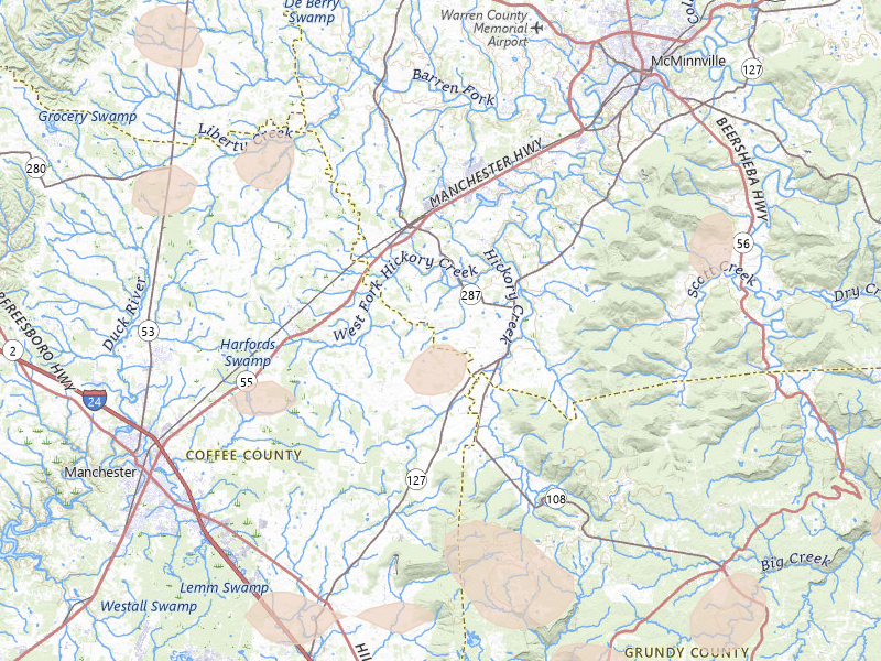 Radar-estimated hail-size map of the storm over Morrison, TN on Jul 3, 2026