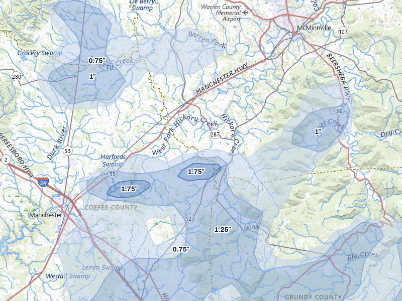 NEXRAD radar-signature map of the hail storm over Morrison, TN on Jul 3, 2026