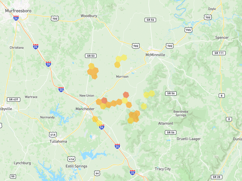 Hail map of Morrison, TN on Jul 3, 2026, hail up to 1.75"
