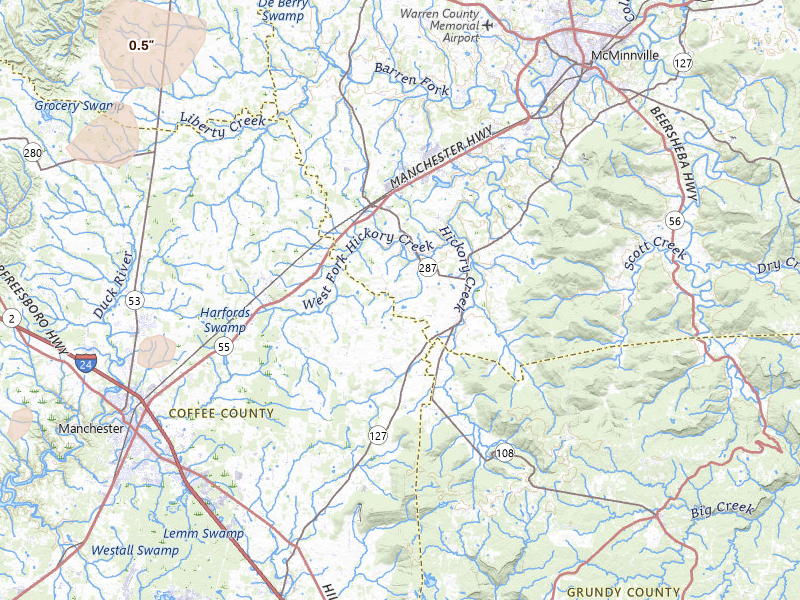 Radar-estimated hail-size map of the storm over Morrison, TN on Jul 5, 2026