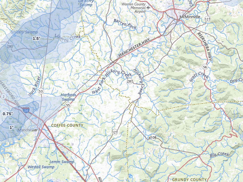 NEXRAD radar-signature map of the hail storm over Morrison, TN on Jul 5, 2026