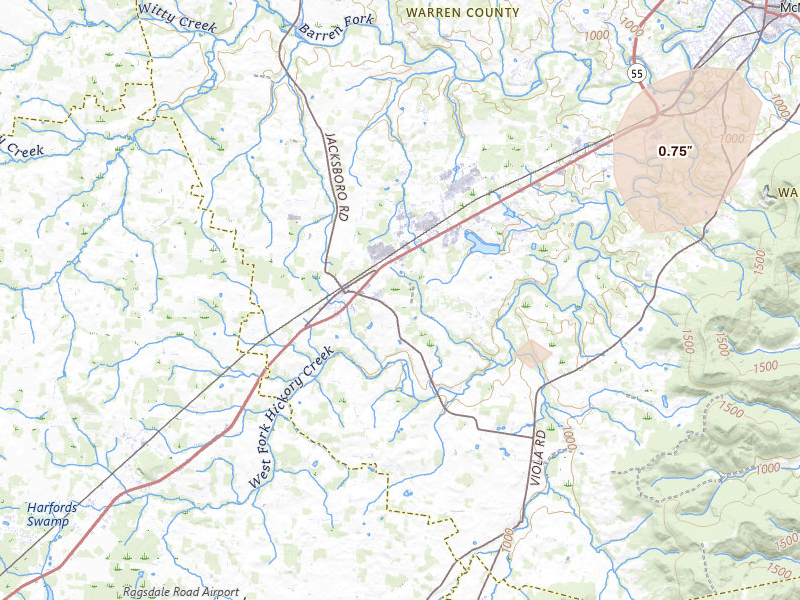 Radar-estimated hail-size map of the storm over Morrison, TN on Aug 7, 2026
