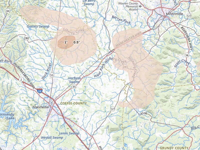 Radar-estimated hail-size map of the storm over Morrison, TN on Aug 17, 2026