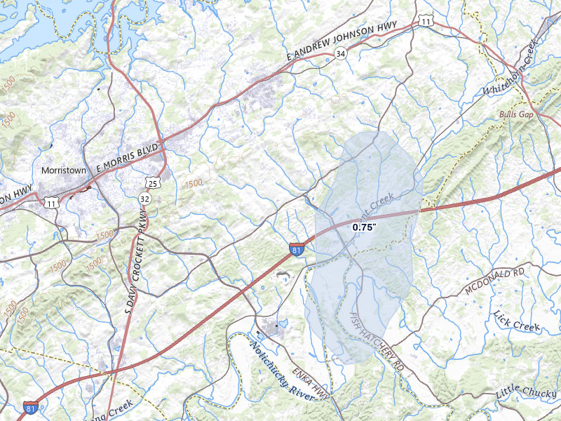 NEXRAD radar-signature map of the hail storm over Morristown, TN on Jul 5, 2026