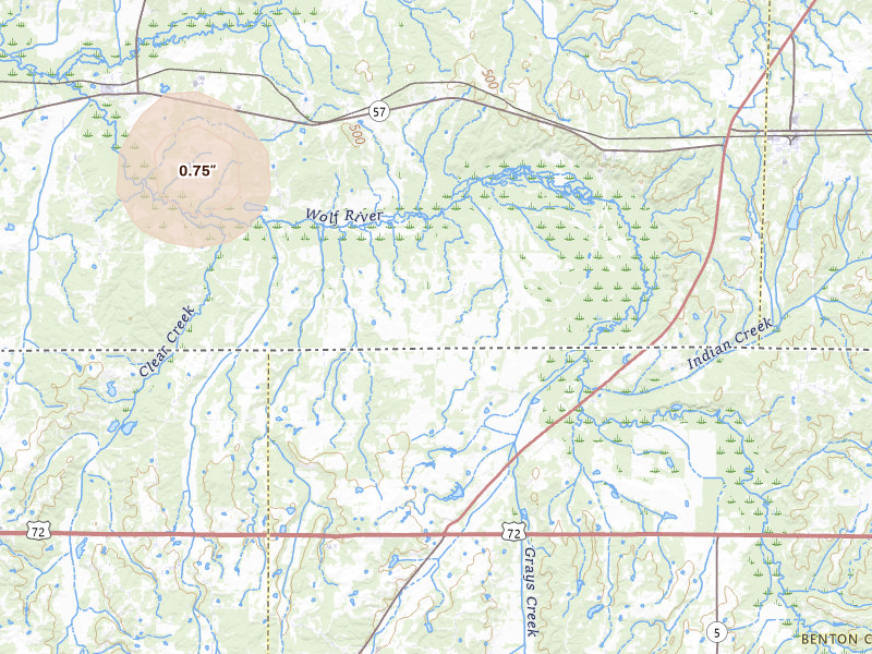 Radar-estimated hail-size map of the storm over Moscow, TN on Jul 1, 2026