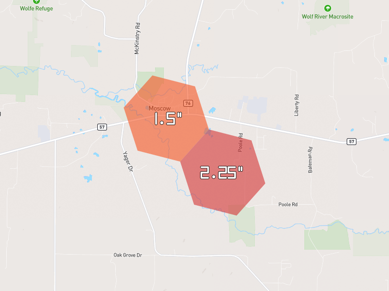Hail map of Moscow, TN on Jul 1, 2026, hail up to 2.25"