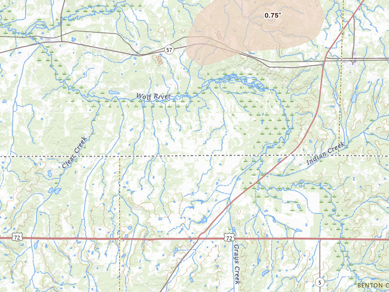 Radar-estimated hail-size map of the storm over Moscow, TN on Jul 8, 2026