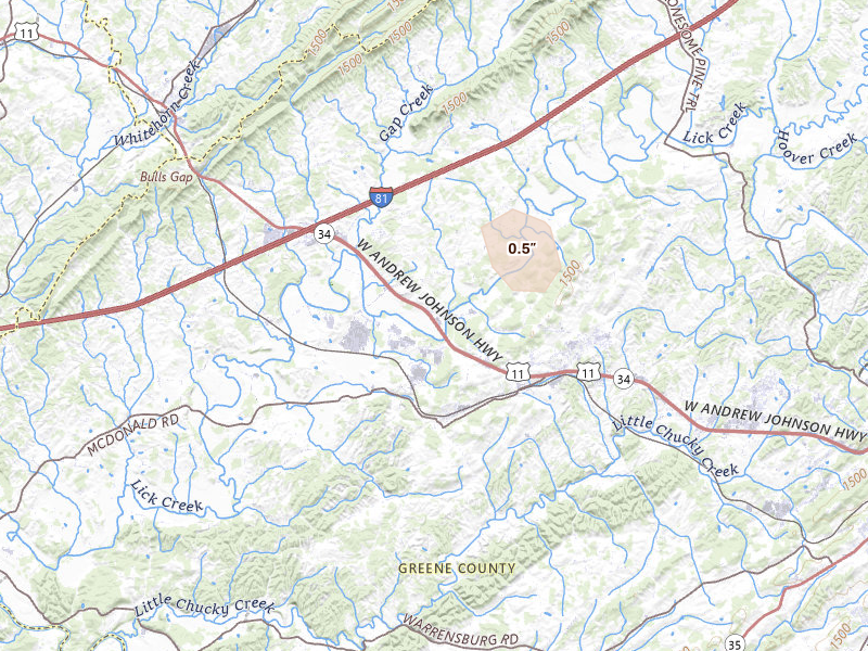 Radar-estimated hail-size map of the storm over Mosheim, TN