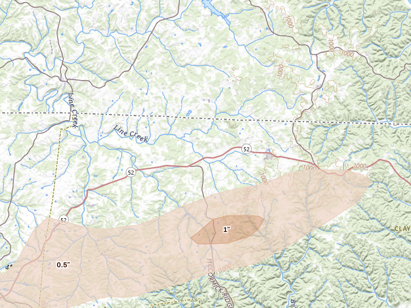 Radar-estimated hail-size map of the storm over Moss, TN on Mar 11, 2026