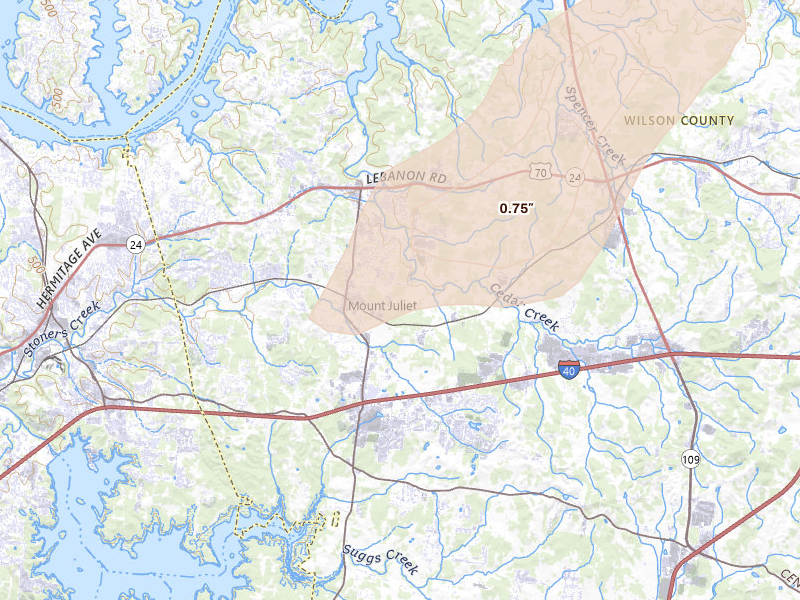 Radar-estimated hail-size map of the storm over Mount Juliet, TN on Aug 7, 2026