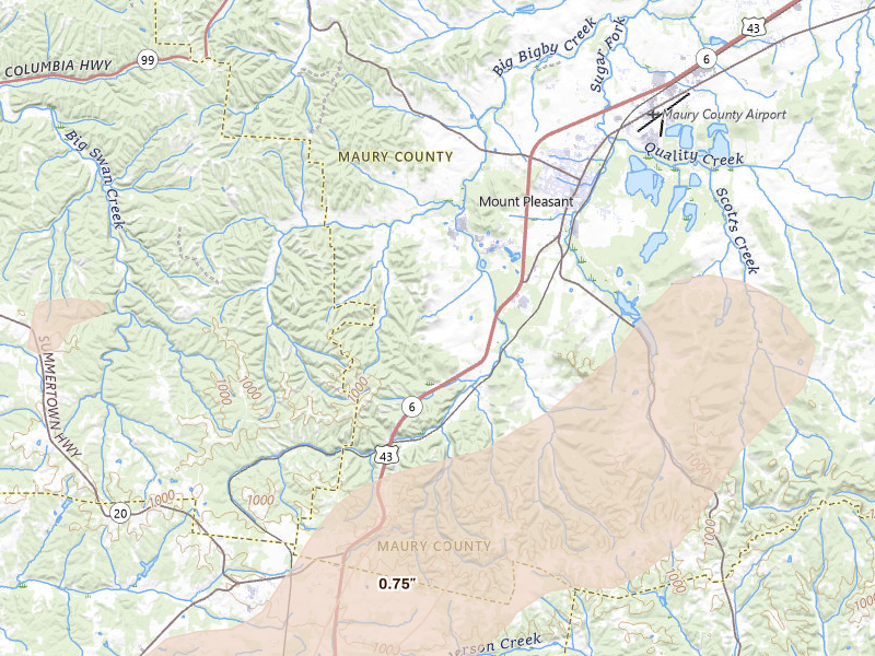 Radar-estimated hail-size map of the storm over Mount Pleasant, TN on Mar 15, 2026