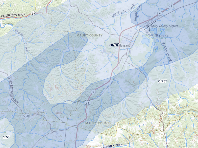 NEXRAD radar-signature map of the hail over Mount Pleasant, TN
