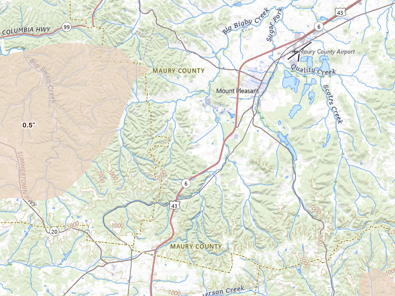 Radar-estimated hail-size map of the storm over Mount Pleasant, TN on Apr 27, 2026
