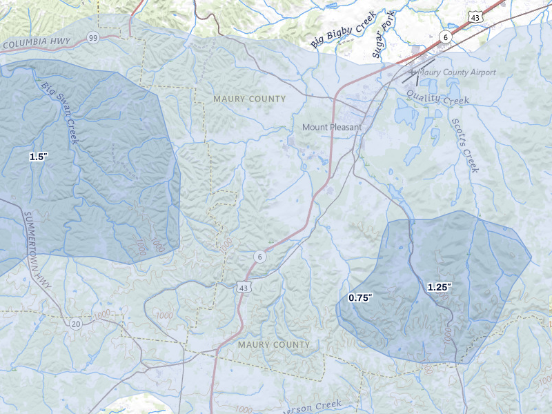 NEXRAD radar-signature map of the hail over Mount Pleasant, TN