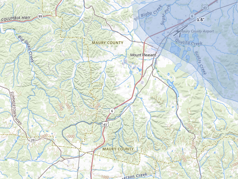 NEXRAD radar-signature map of the hail storm over Mount Pleasant, TN on Jun 1, 2026