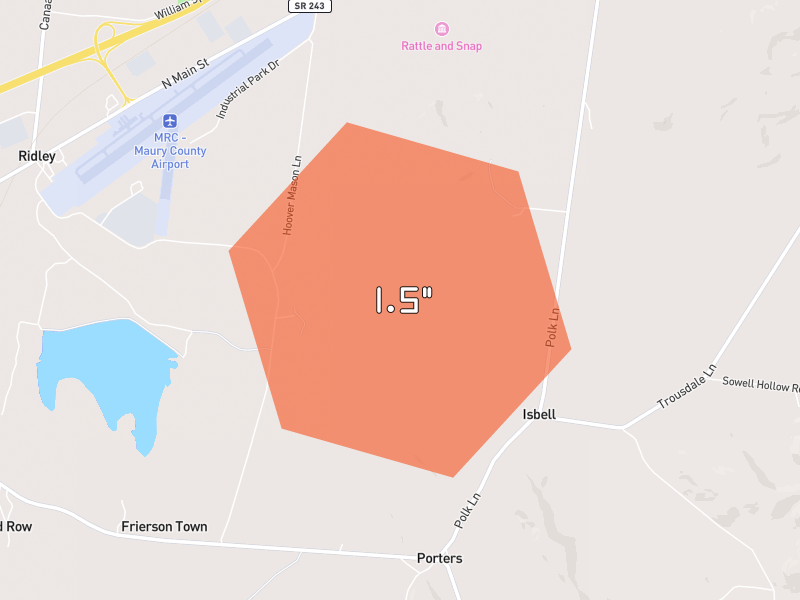 Hail map of Mount Pleasant, TN on Jun 1, 2026, hail up to 1.5"