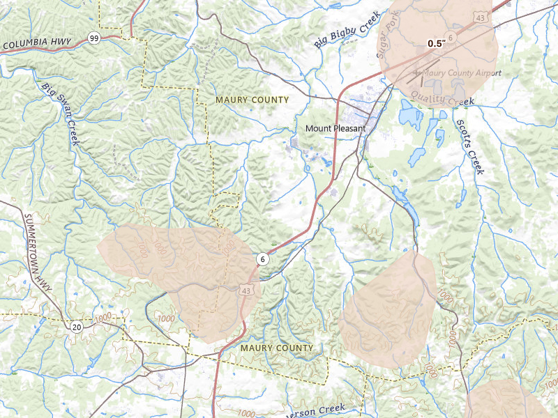 Radar-estimated hail-size map of the storm over Mount Pleasant, TN on Jul 3, 2026