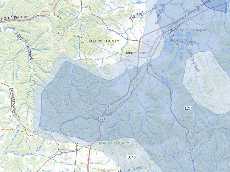 NEXRAD radar-signature map of the hail storm over Mount Pleasant, TN on Jul 3, 2026