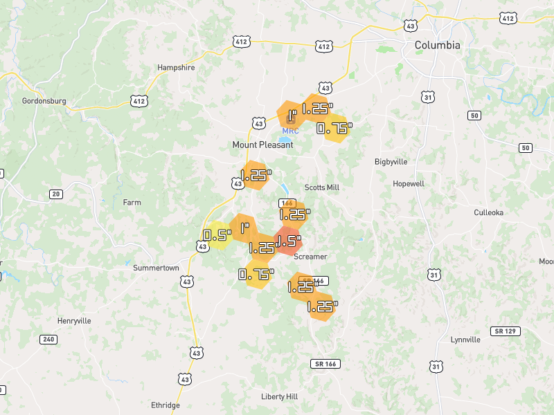 Hail map of Mount Pleasant, TN on Jul 3, 2026, hail up to 1.5"