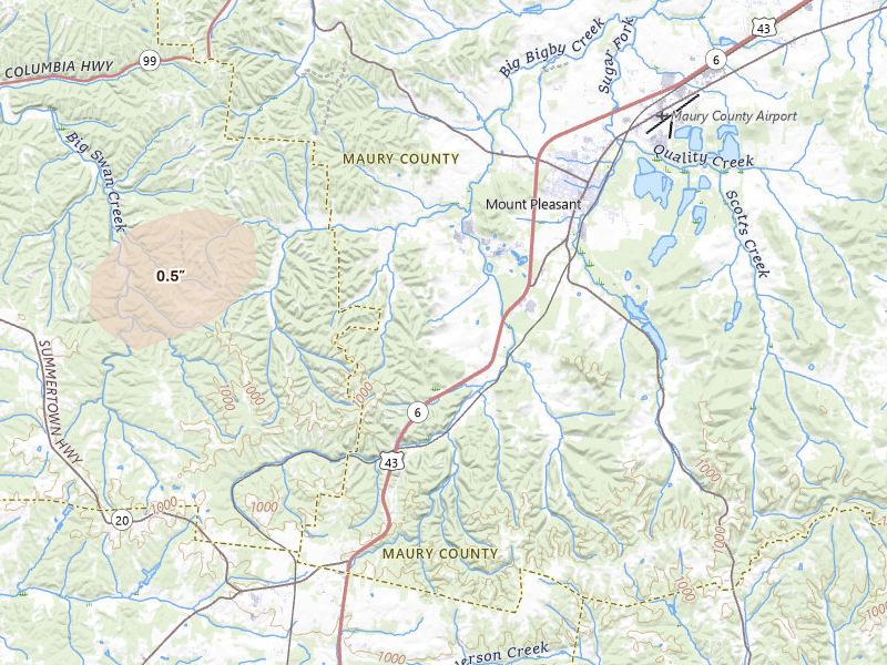 Radar-estimated hail-size map of the storm over Mount Pleasant, TN on Jul 5, 2026