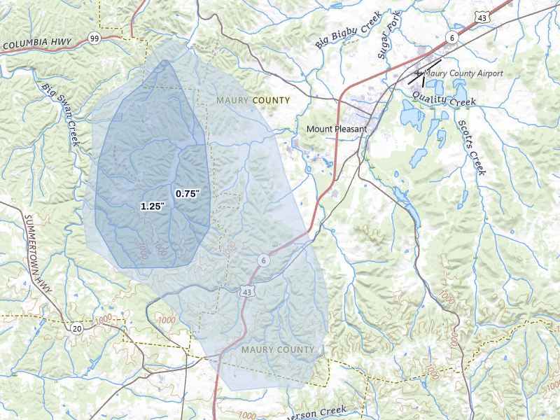 NEXRAD radar-signature map of the hail storm over Mount Pleasant, TN on Jul 5, 2026