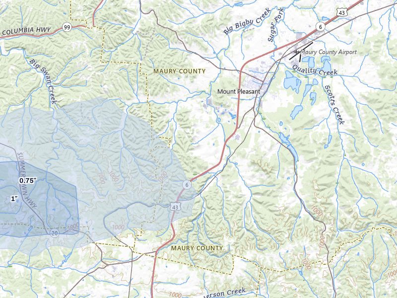 NEXRAD radar-signature map of the hail storm over Mount Pleasant, TN on Jul 8, 2026