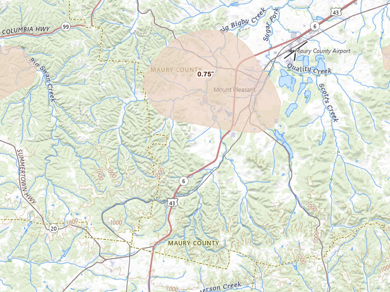 Radar-estimated hail-size map of the storm over Mount Pleasant, TN on Jul 11, 2026