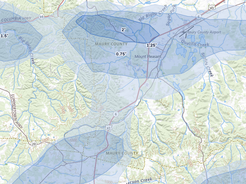 NEXRAD radar-signature map of the hail storm over Mount Pleasant, TN on Jul 11, 2026