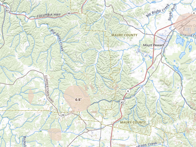 Radar-estimated hail-size map of the storm over Mount Pleasant, TN on Aug 26, 2026
