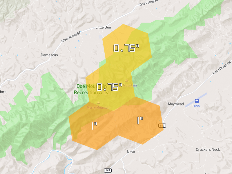 Hail map of Mountain City, TN on Jul 4, 2026, hail up to 1"