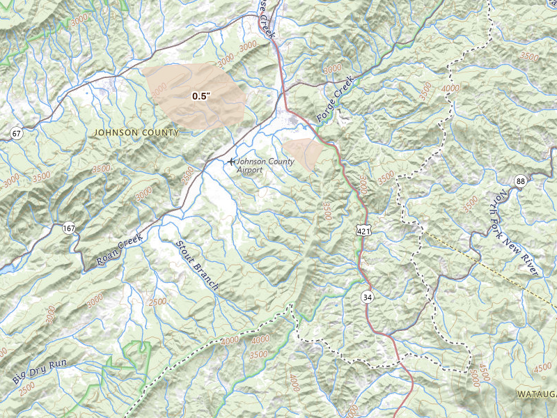Radar-estimated hail-size map of the storm over Mountain City, TN on Aug 17, 2026
