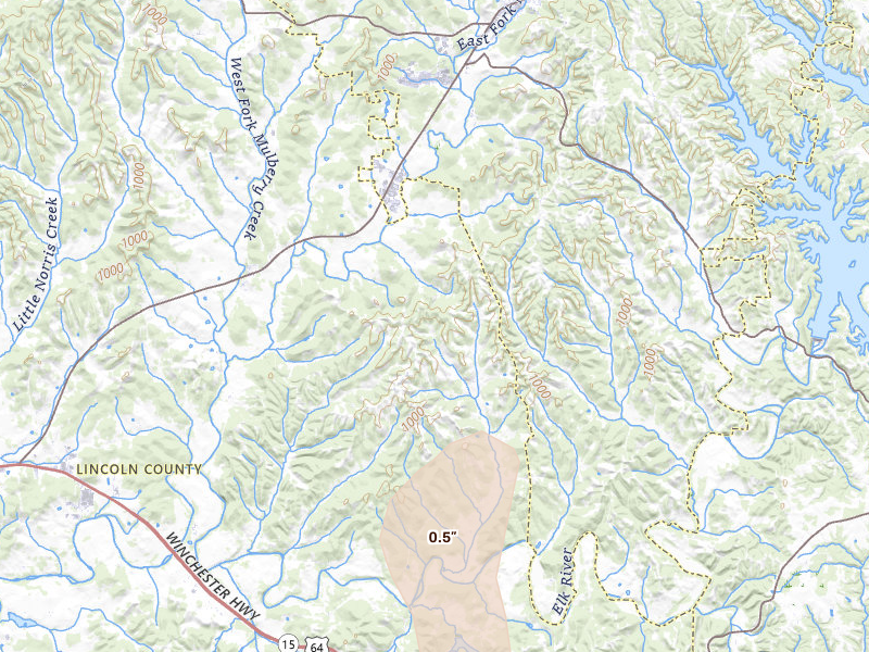 Radar-estimated hail-size map of the storm over Mulberry, TN on May 31, 2026
