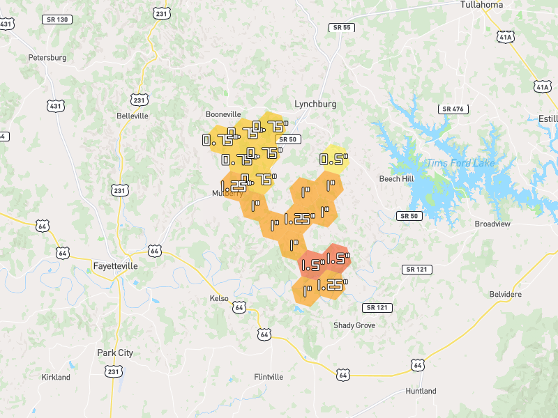 Hail map of Mulberry, TN on Jun 1, 2026, hail up to 1.5"