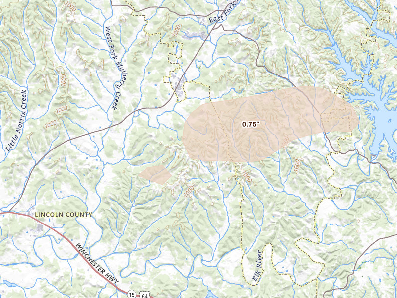 Radar-estimated hail-size map of the storm over Mulberry, TN on Jul 3, 2026