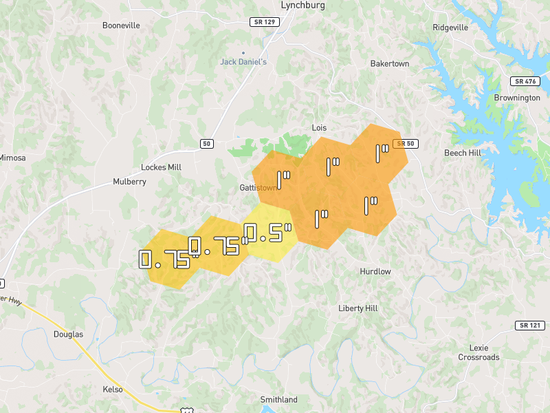 Hail map of Mulberry, TN on Jul 3, 2026, hail up to 1"