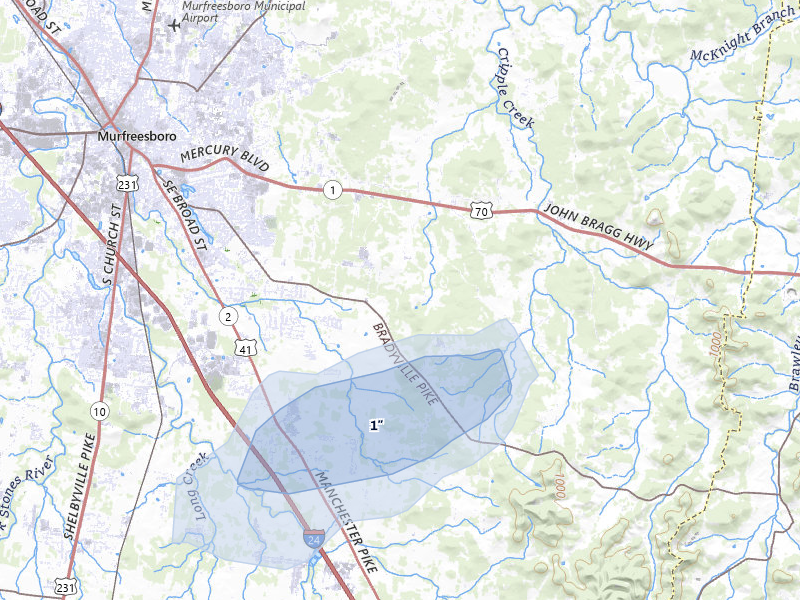 NEXRAD radar-signature map of the hail over Murfreesboro, TN
