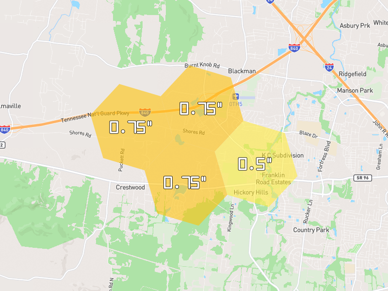 Hail map of Murfreesboro, TN on Jul 2, 2026, hail up to 0.75"
