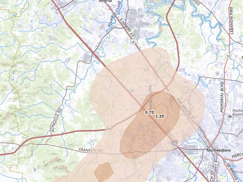 Radar-estimated hail-size map of the storm over Murfreesboro, TN on Aug 7, 2026