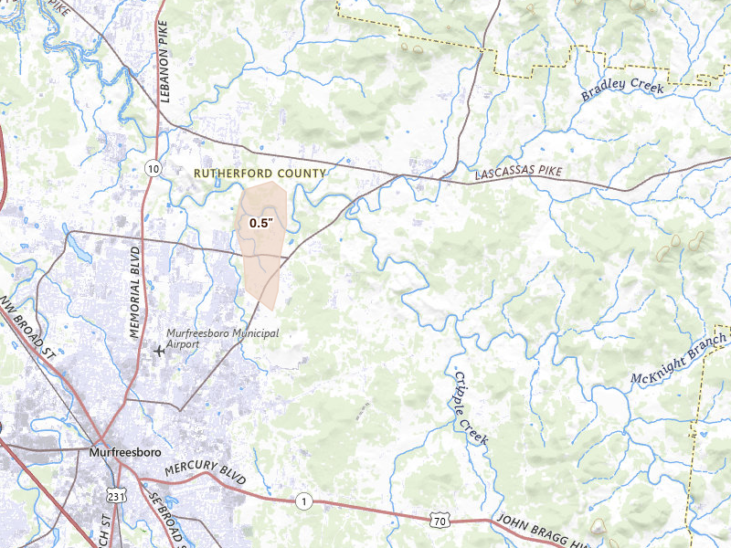 Radar-estimated hail-size map of the storm over Murfreesboro, TN on Aug 8, 2026