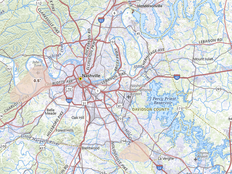 Radar-estimated hail-size map of the storm over Nashville, TN on Apr 16, 2026